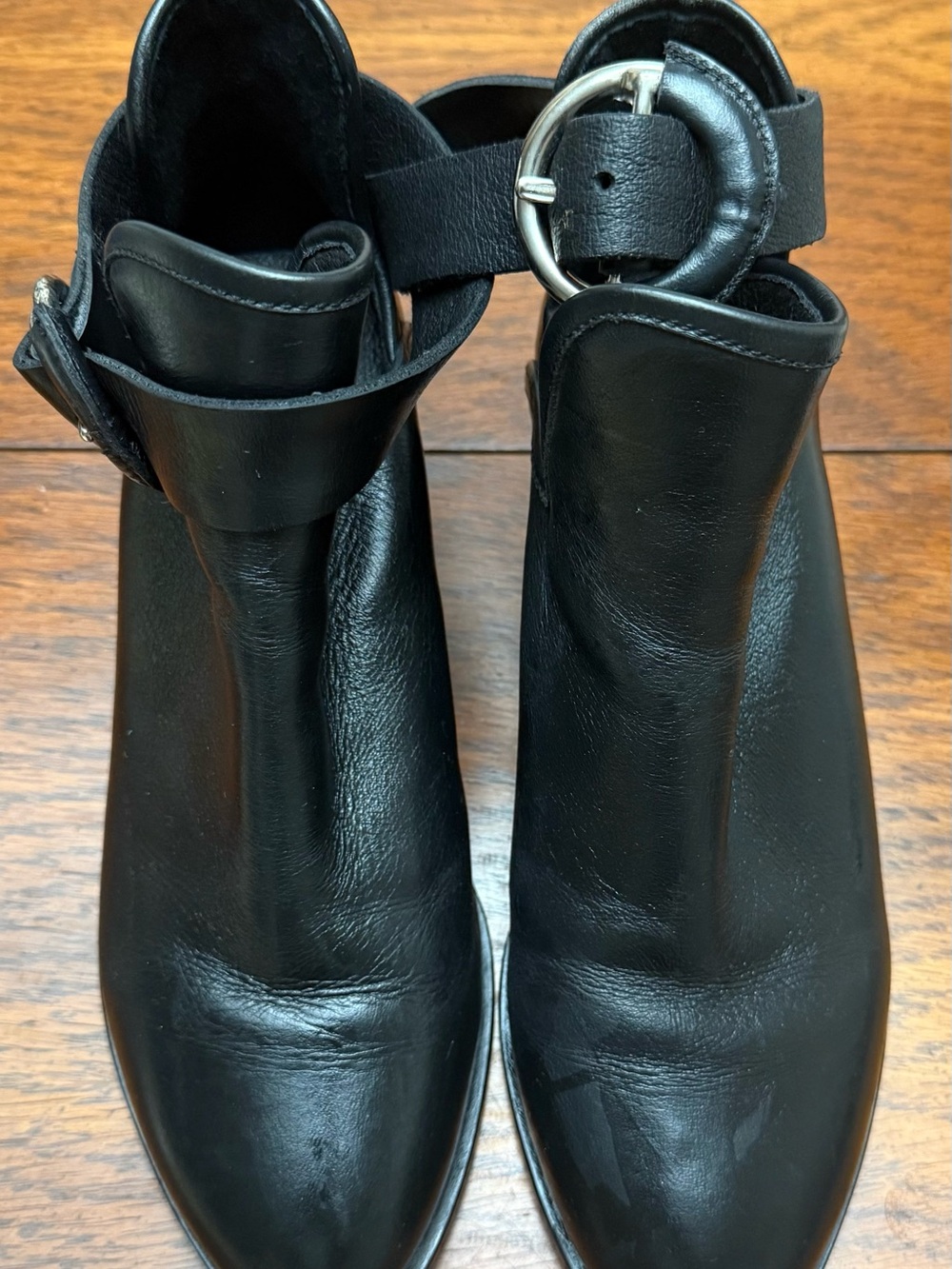Velez Women Cut Out, Black Leather Ankle Boots with Buckle Strap